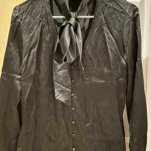 Elegant Black Button-Up Blouse with Tie Neck